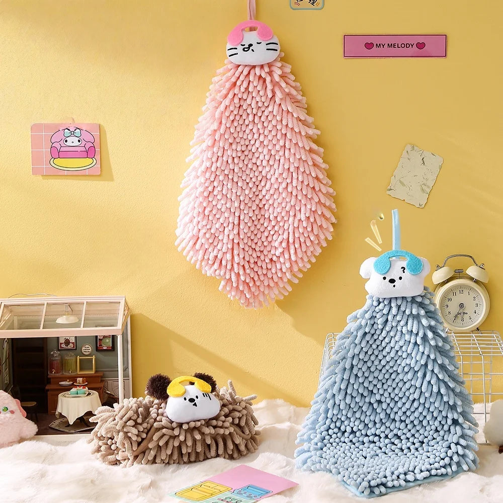 Puppy Holiday Cartoon Simple Chenille Hand Towel, Dual-Use Hanging Towel for Kitchen and Bathroom, for Wiping Hands, Cleaning Glass, and Washing Cars, Cleaning Supplies, Thickened Chenille Fabric, Fine Plush, Thick and Skin-F Vue