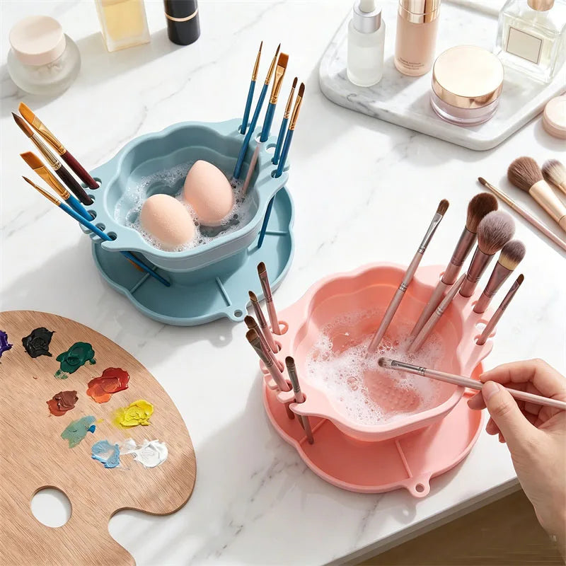 Foldable Cat Paw Silicone Makeup Brush Cleaning Bowl Portable Collapsible Makeup Sponge Washing Scrub Mat with Brush Holder Slot Vue