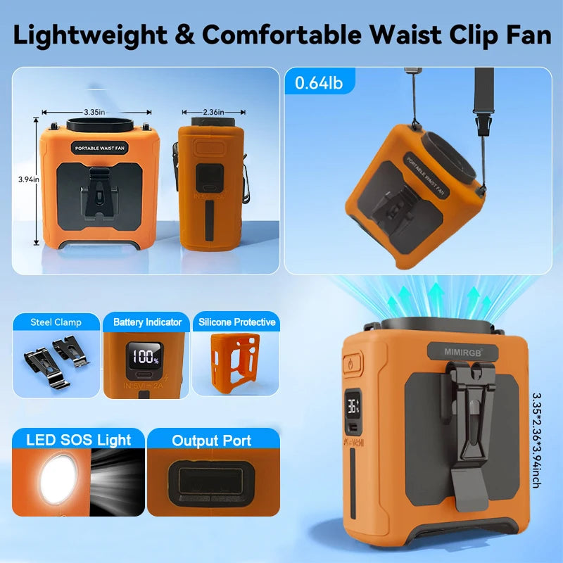 USB Rechargeable Fan Small Outdoor Camping Waist Fan with Power Bank LED Light for Emergency Sports Outdoor Working Vue