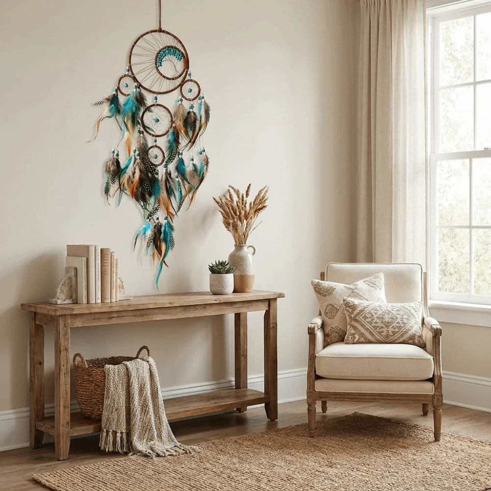 Hanging Pendant Boho Style Vintage Dream Catcher Handmade Decorative Vintage Wind Chime with Feather Hanging Ornament Home Vue