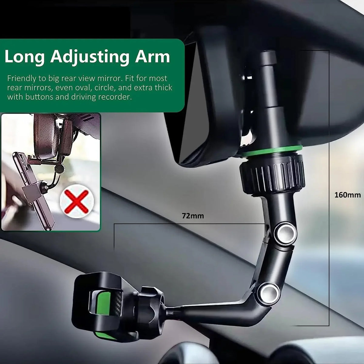 Rearview Mirror Phone Holder, 360° Rotatable and Retractable Car Phone Mount, Multifunctional Vue