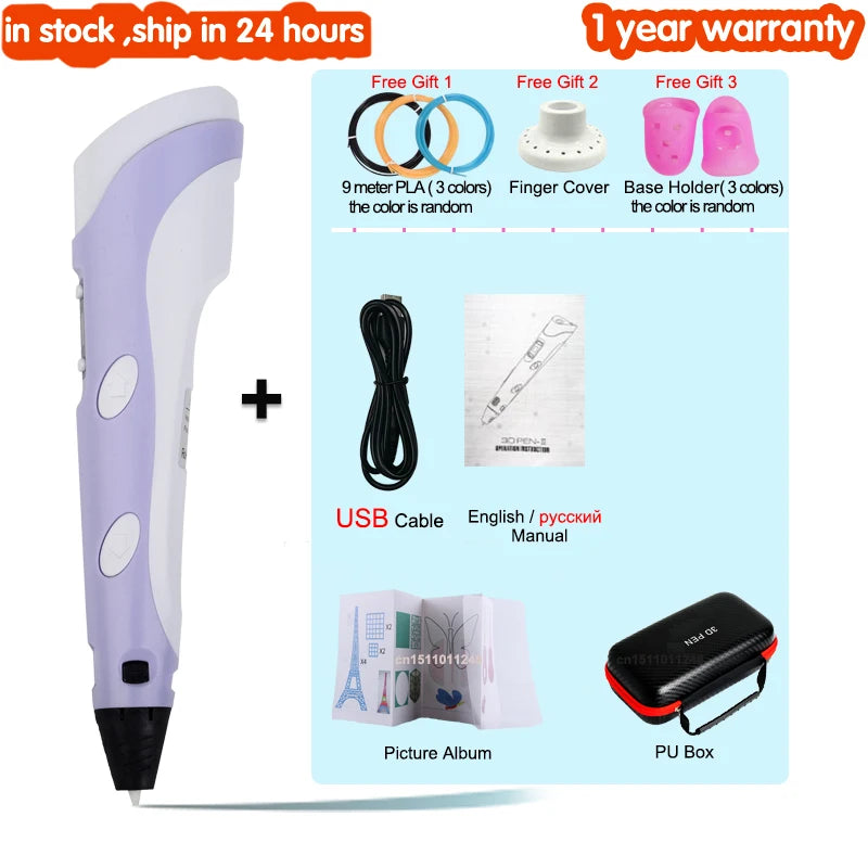 3D Pen for Children 3D Drawing Printing Pen with LCD Screen Compatible PLA Filament Toys for Kids Christmas Birthday Gift Vue purple with USB PLA Filagment