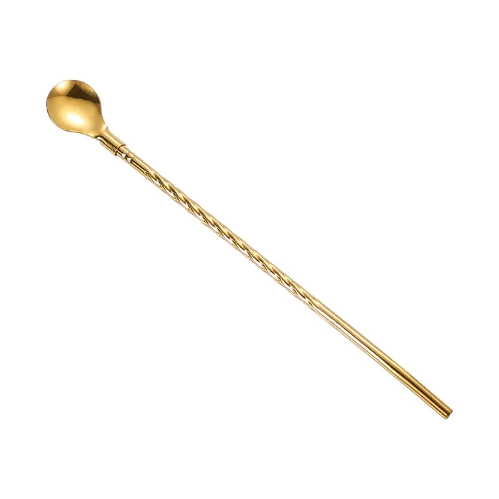 10PCS Dual-use Stainless Steel Straw Spoon Long Twisted Portable Mixing Spoon Reusable Coffee Stirring Spoon Cocktail Vue Gold