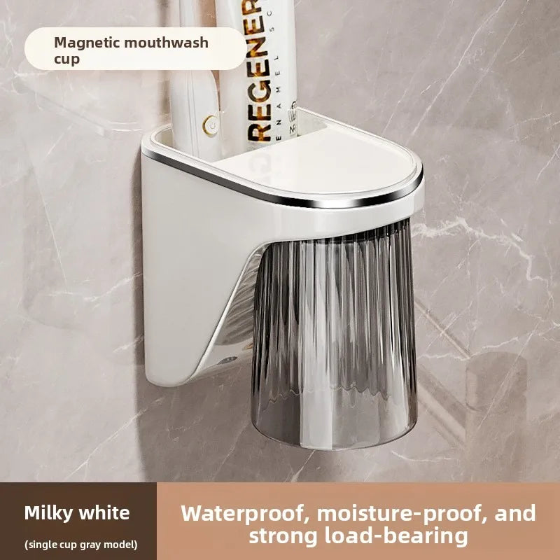 Magnetic Mouthwash Toothbrush cup, Inverted Drain and Wash set, Household with Storage box, Toothbrush cup Vue Gray