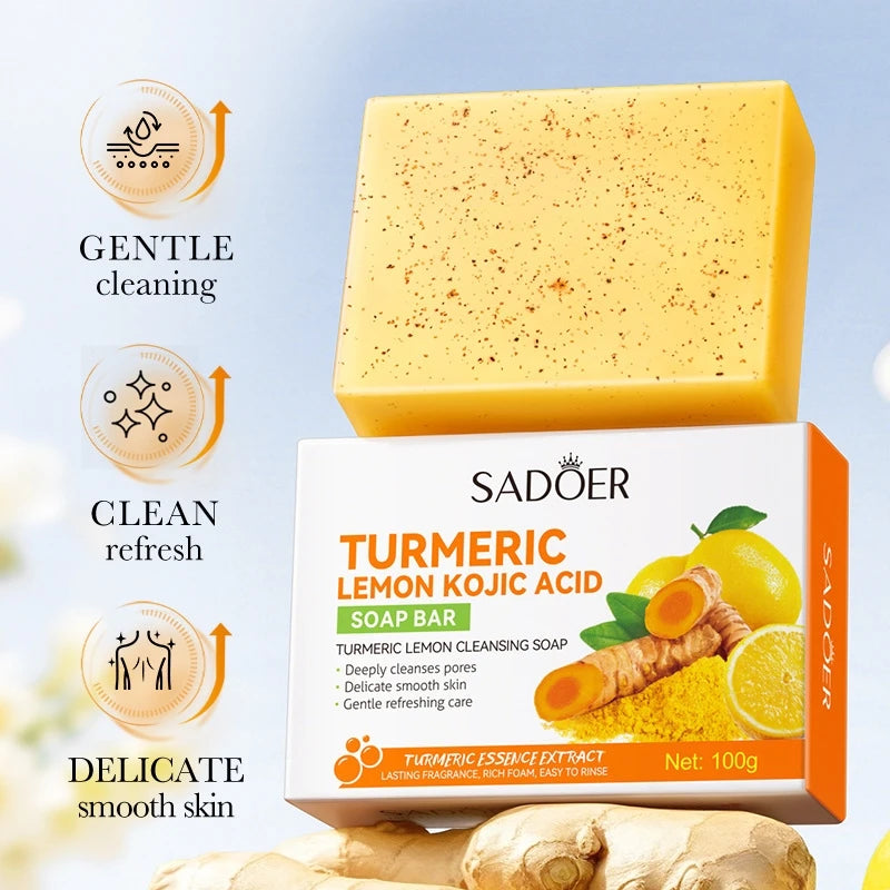 100g Turmeric Lemon Cleansing Soap, Containing Turmeric, Lemon Extract, and Other Skin-Friendly Ingredients Like Quercetin, Gently Cleanses the Skin of Dirt and Oil. Improve Rough Skin, Making It Clean, Smooth, White, and Bea Vue