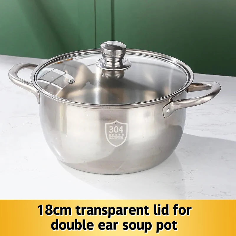 Stainless Casserole Cookware Double Handle Soup Pot Glass Cover