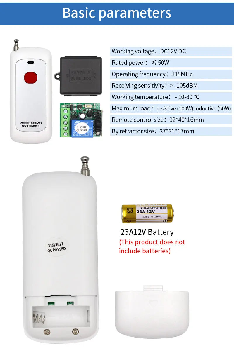Universal 10A DC12V Wireless Remote Control Switch Relay Receiver Module 433Mhz RF Transmitter for Electric Motor Gate Control Vue