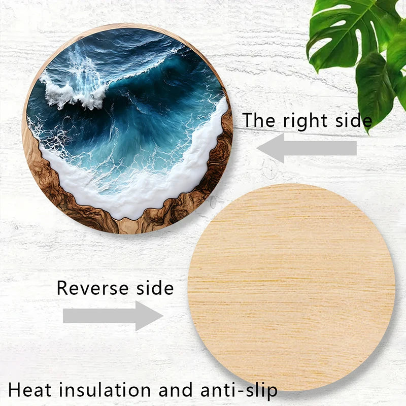 4PCS Blue Ocean Round Wooden Coasters & Placemats Set - Home, Cafe, Party Table Decor, Durable Drink Coasters For Stylish Dining Vue