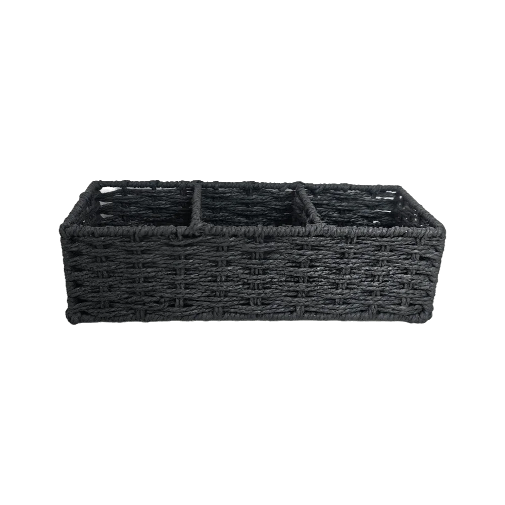 3-Section Storage Box Multi-Purpose Decorative Woven Storage Basket Large Capacity Space Saving Desktop Organizer Home Bedroom Vue Paper string black