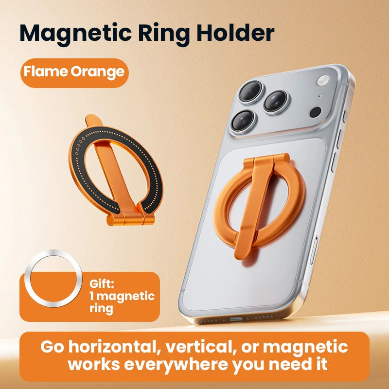 Ultra-thin Cell Phone Ring Holder Magnetic Ring Foldable Kickstand Magnet Grip Desktop Stand for Phone Vue Orange