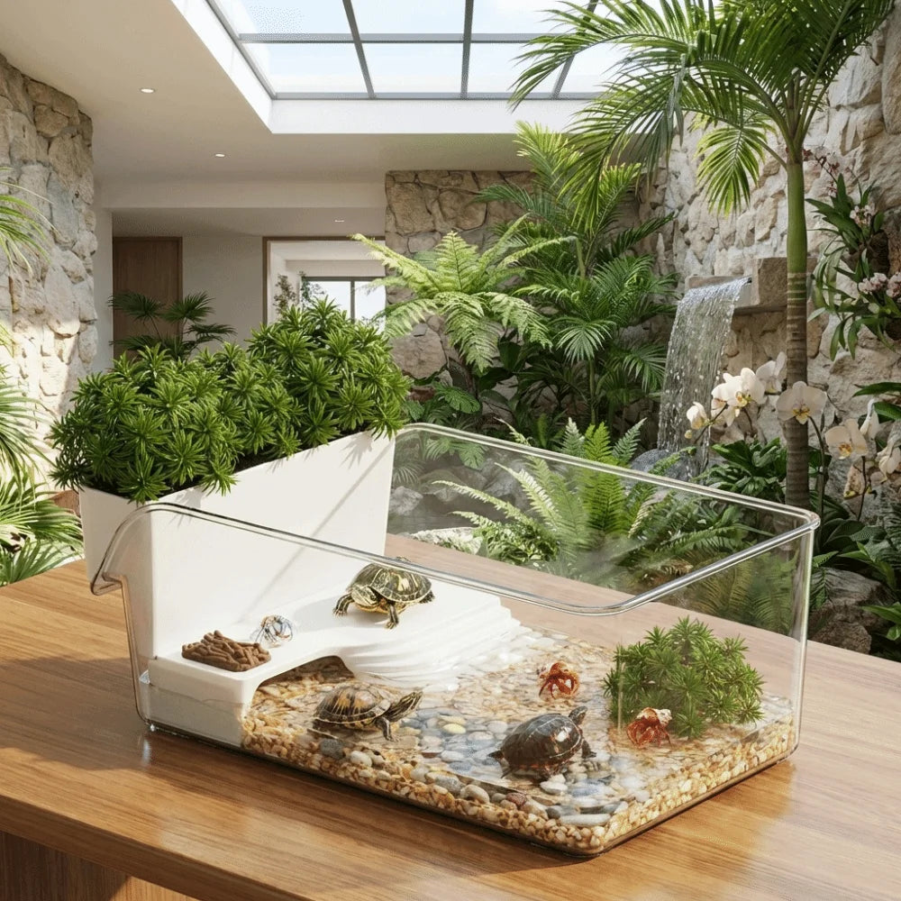 Transparent Turtle Tank Basking Area Plastic Reptile Terrarium with Climbing Spot Dry Wet Separation Turtle Basking Platform Vue