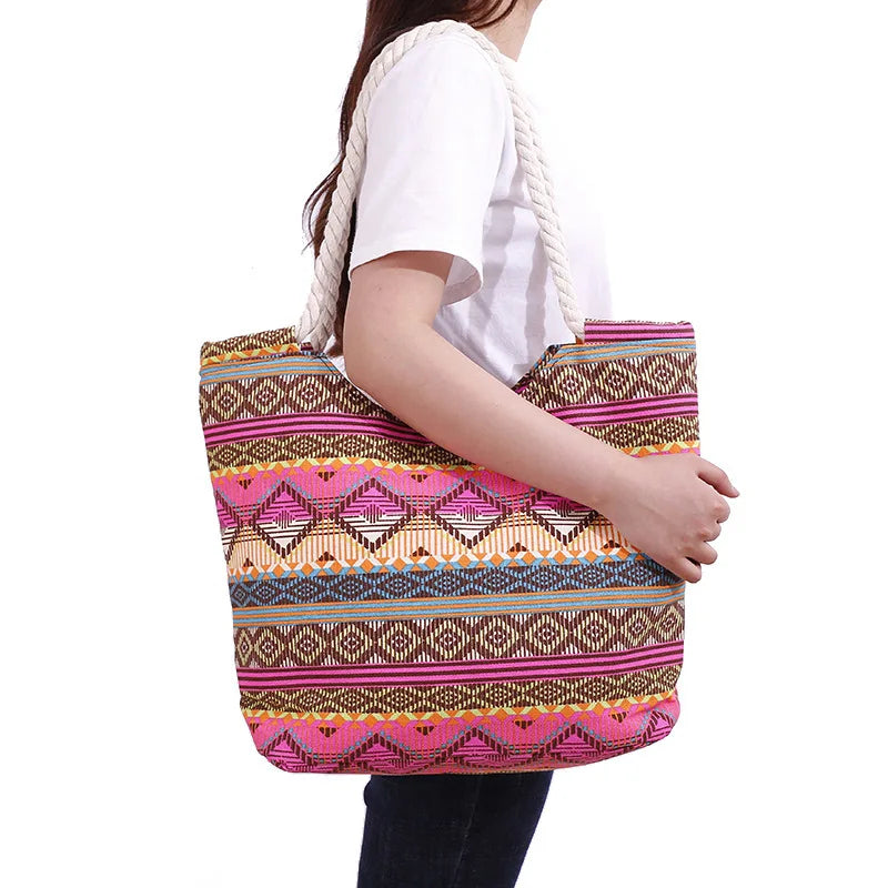 Casual Summer Beach Women Bag Lunch Fashion Canvas Striped Handbags