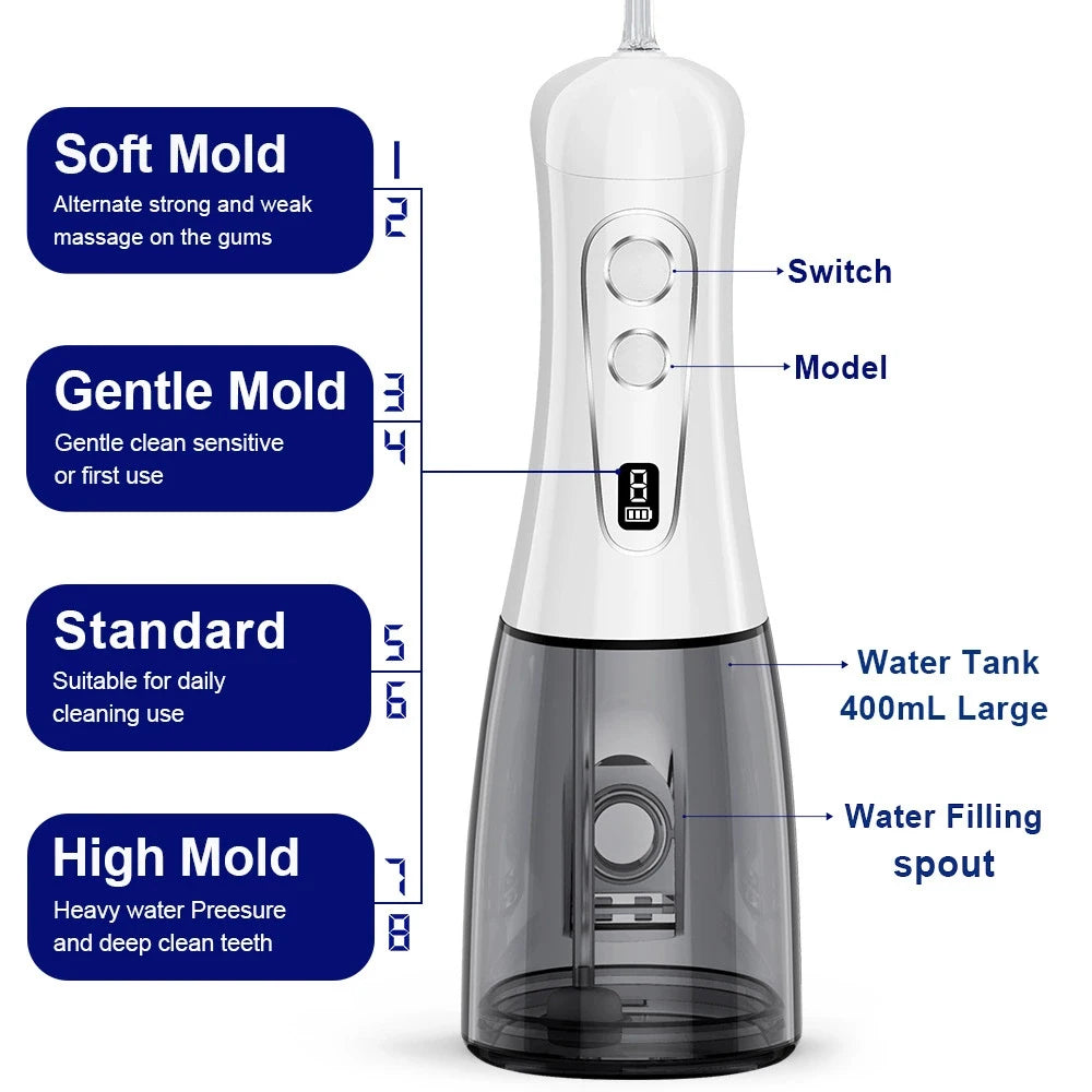 Electric Oral Irrigator 8 Modes Portable Water Flosser Rechargeable Waterproof Mouth Washing Machine 5 Jet Tips 400ML Water Tank Vue