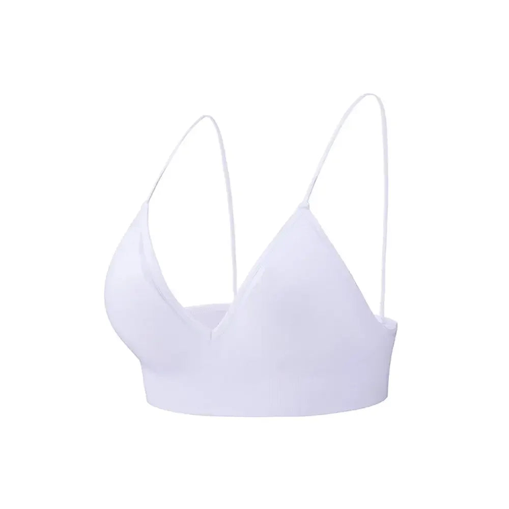 For Girls Boneless Seamless Triangle Cup Sports Bra Fitness Yoga Top Deep V Bralettes Women Crop Top Vue white-M