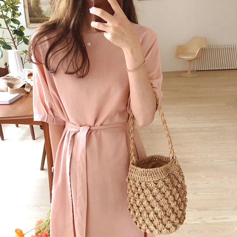 Summer Handmade Crossbody Bag Women Beach Weaving Drawstring Straw