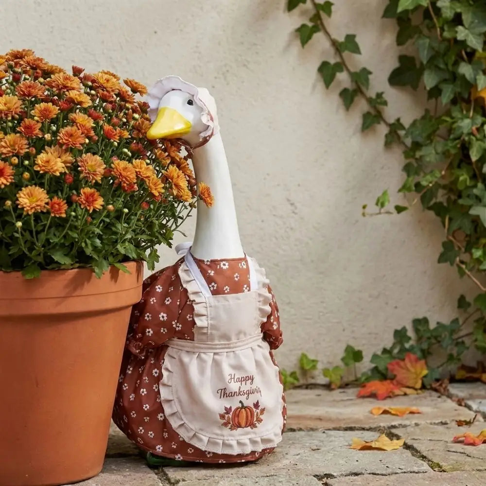Pumpkin Print Thanksgiving Porch Goose Dress Outfit Maple Leaf Ruffled Hat Goose Hat Dress Set Harvest Theme Rustic Vue