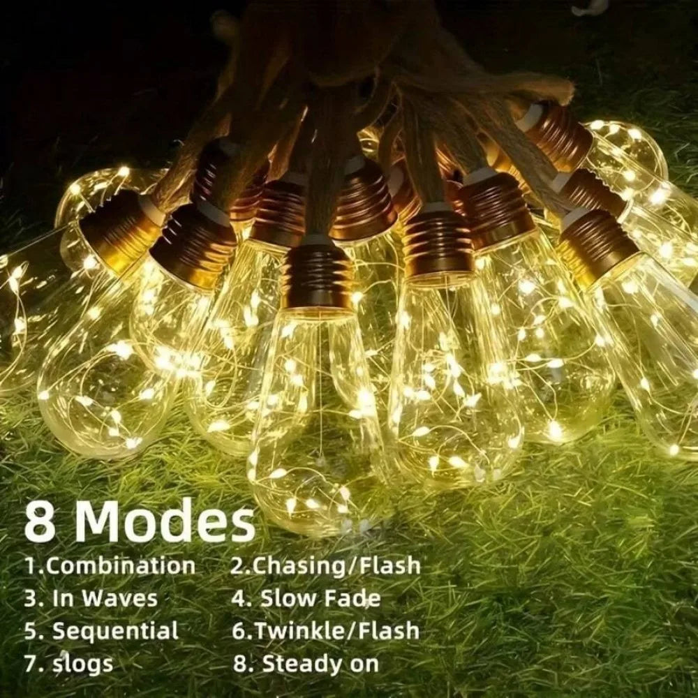 1PC 10/20LED Outdoor Garden Solar Light String, Bulb Hanging Retro Hemp Rope Light String, for Camping Courtyard Fence Garden Vue