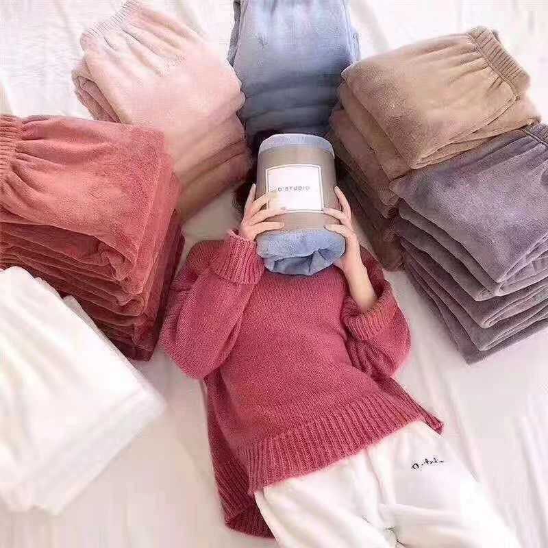 Womens Plush Thermal Lounge Pants Korean Soft Coral Fleece Sleeping Pants Loose Warm Loungewear for Indoor Home Winter Vue