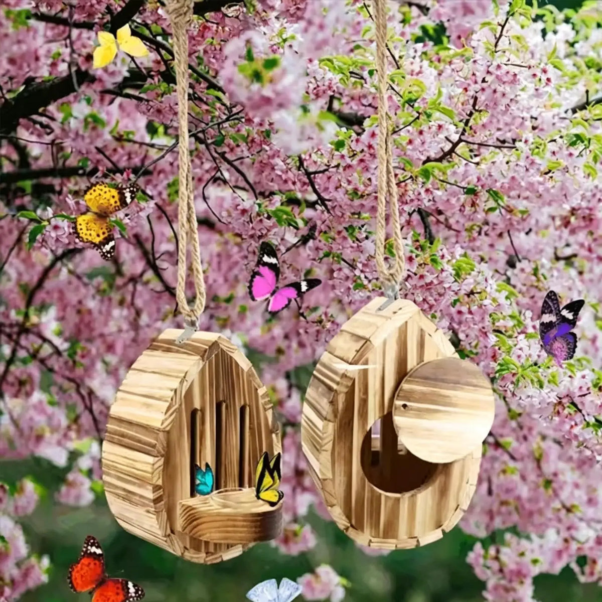 wood Teardrop Butterfly Habitat Shelter, Multifunctional Garden Nesting Box Feeder, Outdoor Hanging House for Yard Grassland Vue