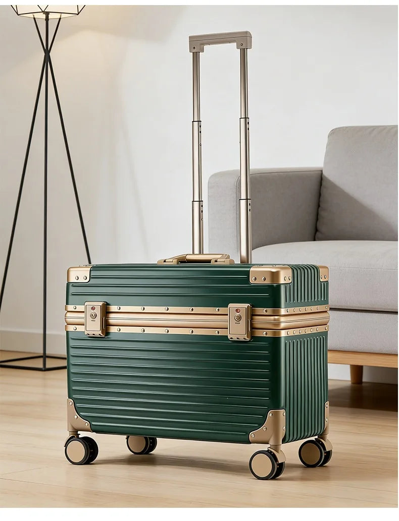 Carry On 18 Inch Aluminum Alloy Frame Luggage Men's PC Material Suitcase Women's Tool Luggage Photography Luggage Vue 9002-Green