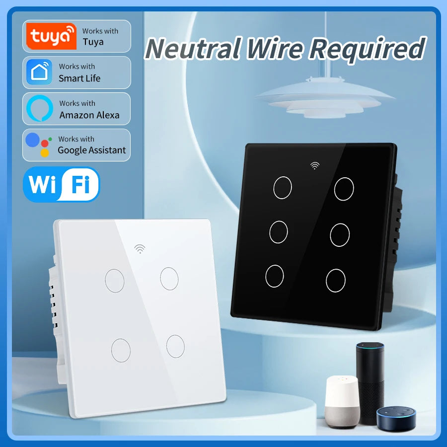 Tuya WiFi Smart Switch 4x4 Size Touch Sensor Brazilian Specification 4/6 On Wall Light Switch Alexa Google Home Voice Control Vue
