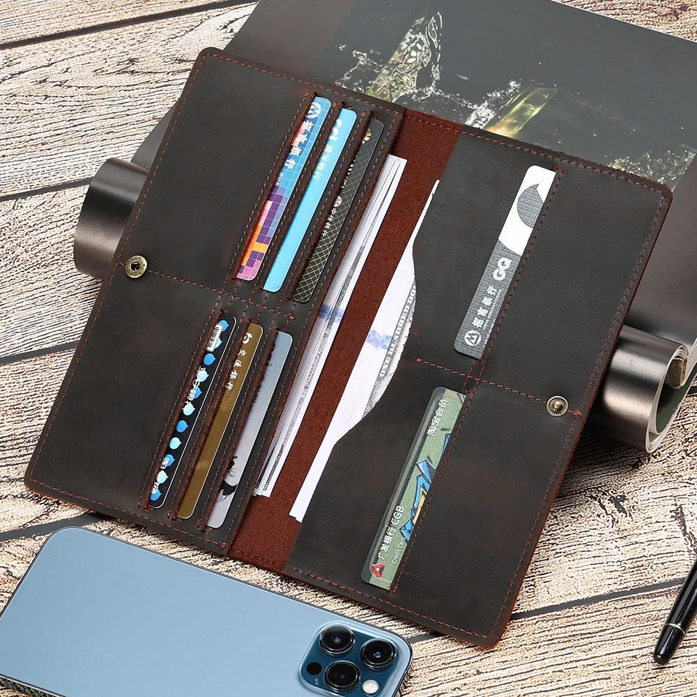 Crazy Horse Leather Retro Men's Wallet Long Simple Clutch Bag Men's High-end Leather Multi-card Wallet Vue