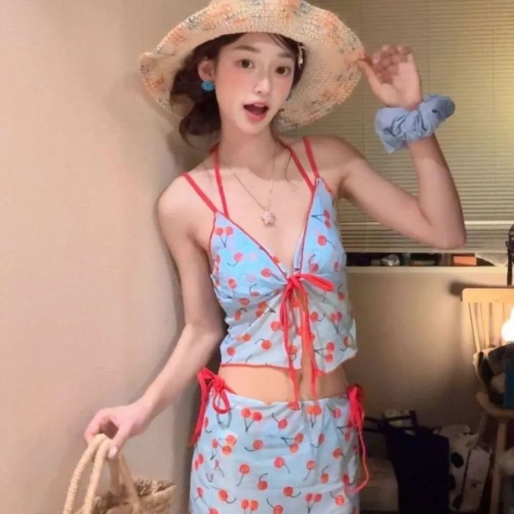 Pure Desire Pure Color Cherry Bikini Set V Neck Push Up Four Piece Set Wrap Skirt Print Pattern Sexy Swimwear Korean Style Vue