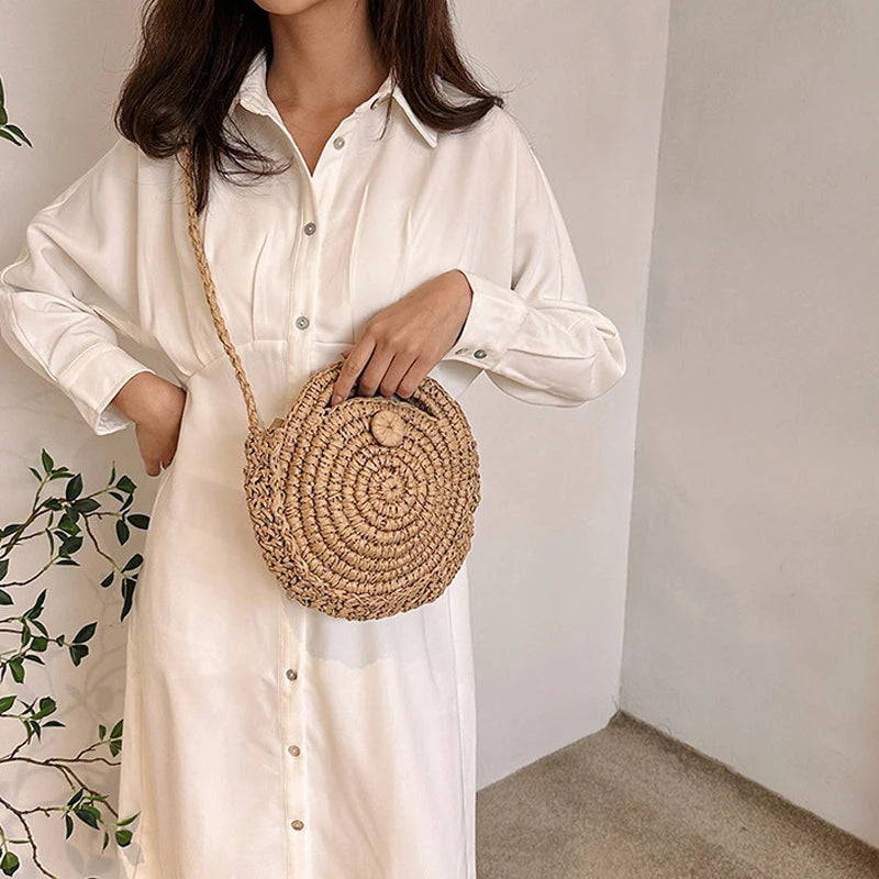 Nice Round Straw Crossbody Bag Handmade Woven Shoulder Women Summer