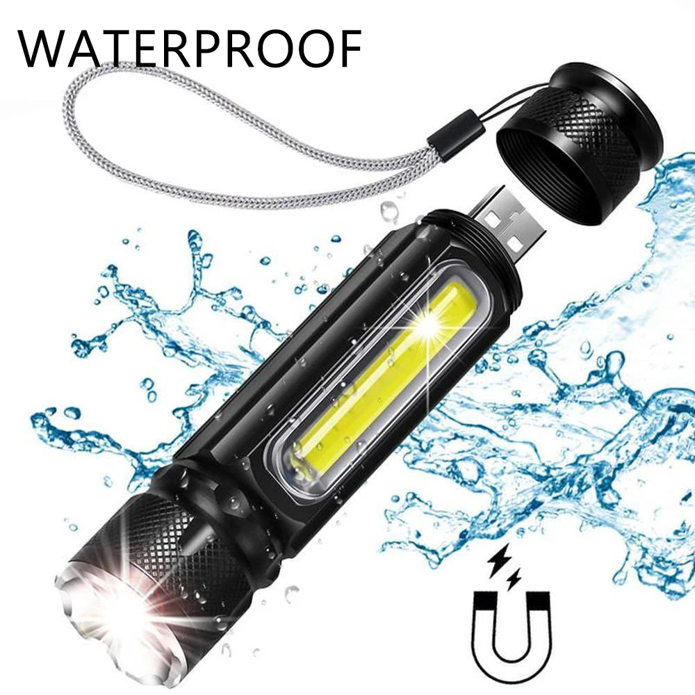 USB T6 Strong Light LED Rechargeable Flashlight Magnetic Torch Lanter Zoomable Flashlight COB Zoom Highlight Outdoor Lighting Vue