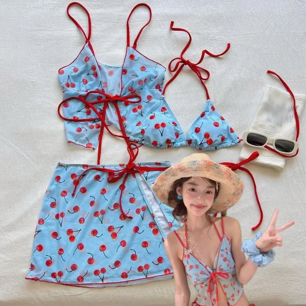 Pure Desire Pure Color Cherry Bikini Set V Neck Push Up Four Piece Set Wrap Skirt Print Pattern Sexy Swimwear Korean Style Vue