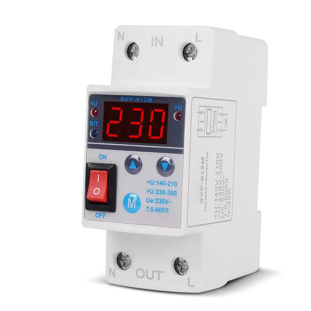 SVP-912M AC230V 40A 50/60Hz Adjustable Self-resetting Intelligent Over-voltage And Under-voltage Protector With Manual Switch Vue Default Title