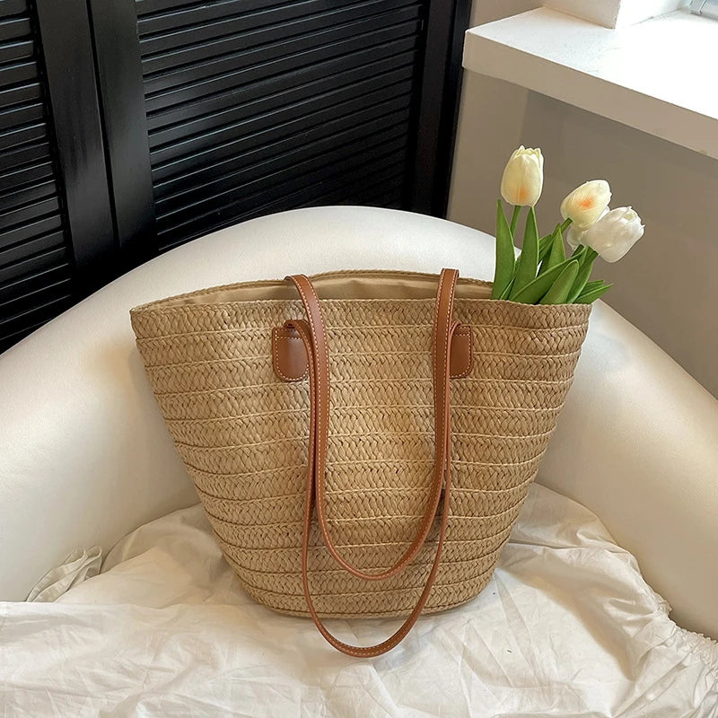 Women Braided Basket Clutches Top-handle Bag Large Straw Portable Vue khaki