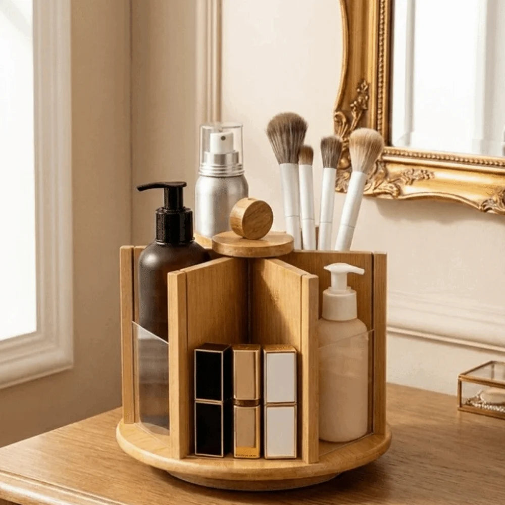 Bamboo Rotating Cosmetic Storage Box Multi-Compartment Space Saving Facial Care Storage Rack Large Capacity Makeup Organizer Vue