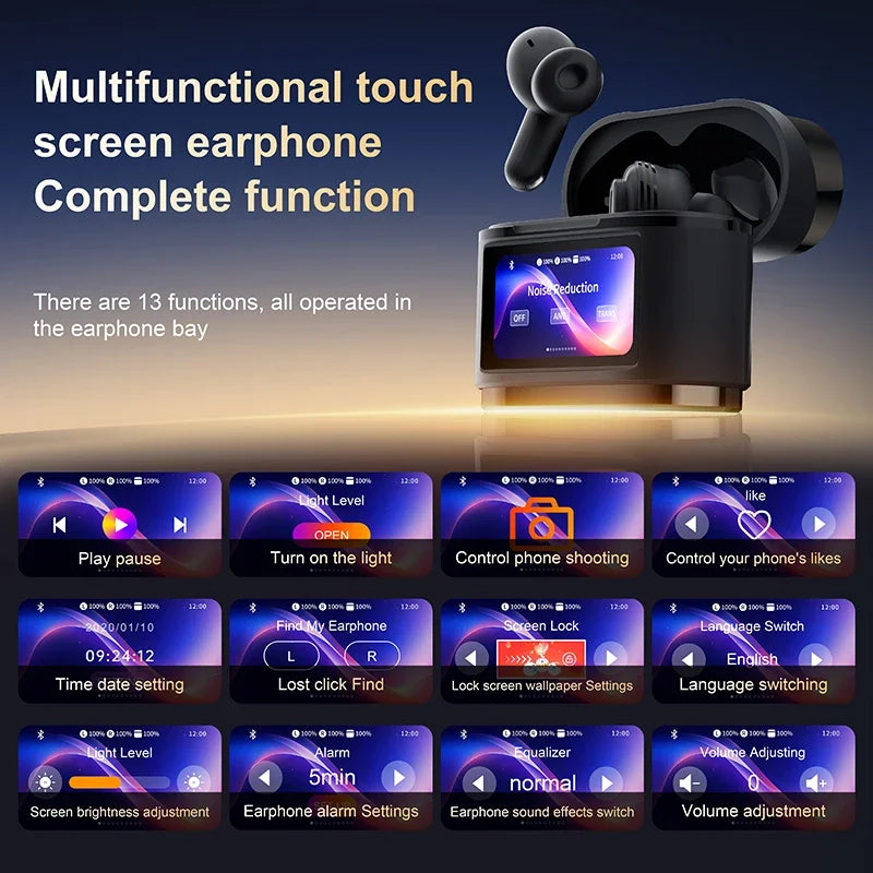Wireless Earphones Smart Digital Display Touch Screen Bluetooth Headset Supports ANC ENC Active Noise Reduction Headphones Vue