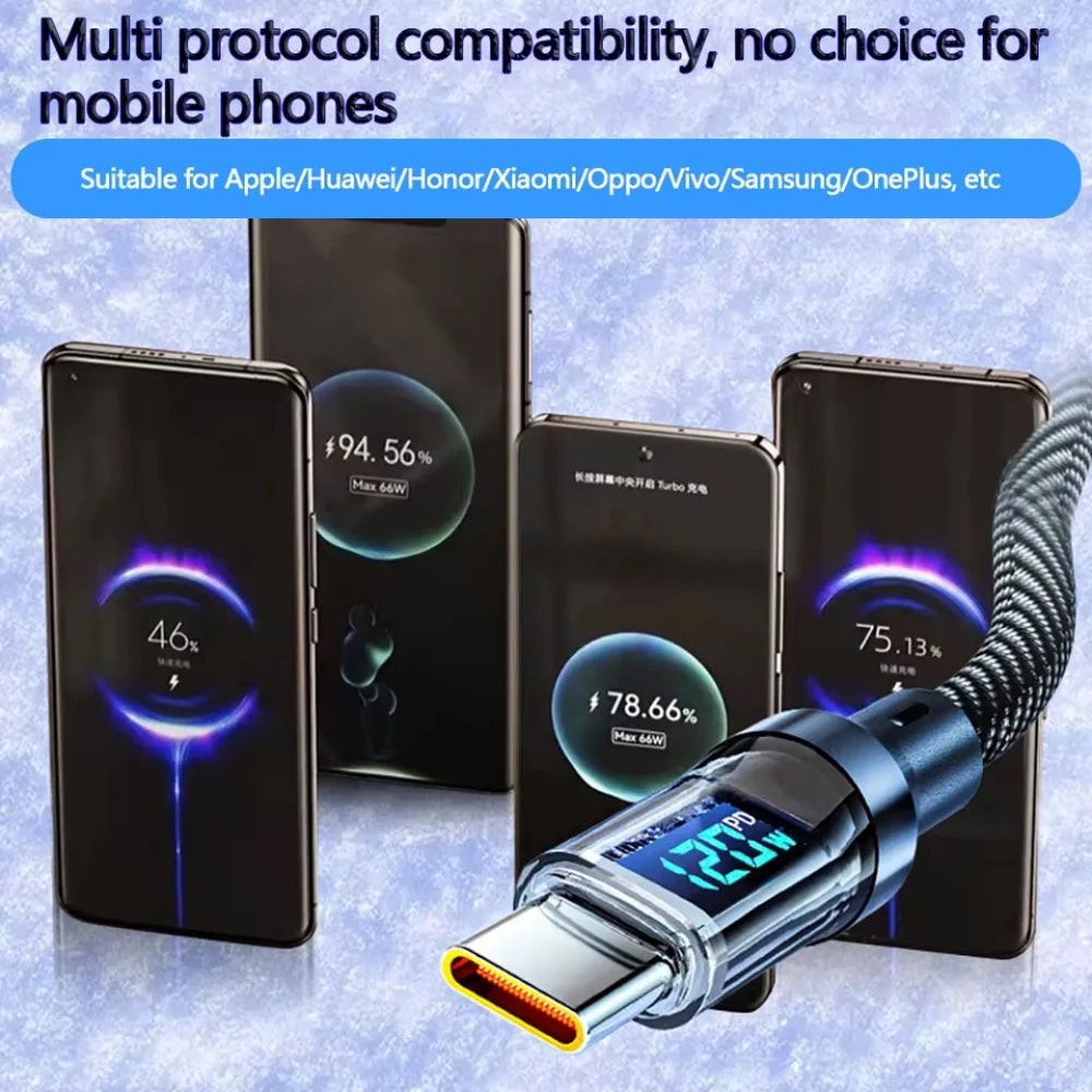 120W USB A to Type C Super Fast Charge Cable Nylon Data Cord for Xiaomi POCO Redmi Samsung With Led Digital Display Cable Vue