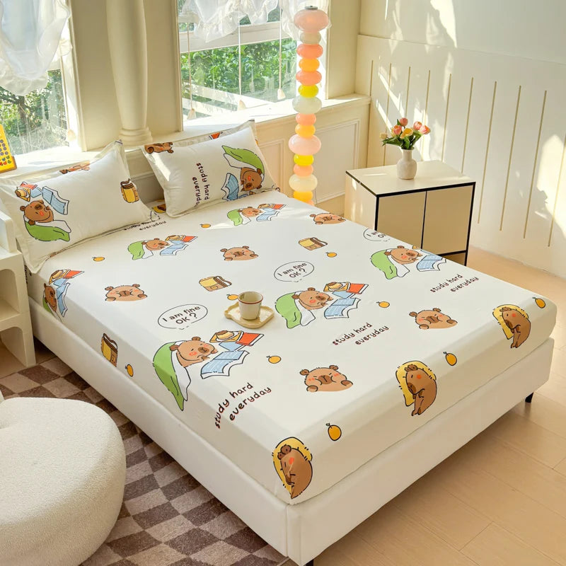 Cartoon Capybara Pattern Fitted Sheet Brushed Microfiber Single Double Mattress Cover Queen Non Slip Bed Sheet with Elastic Band Vue