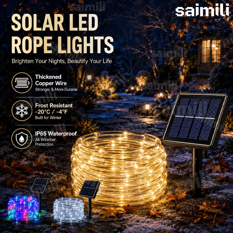 Solar Powered LED Rope Lights Waterproof Outdoor Glow Fairy Garland Lights for Garden Tree Patio Holiday Party Decoration Vue