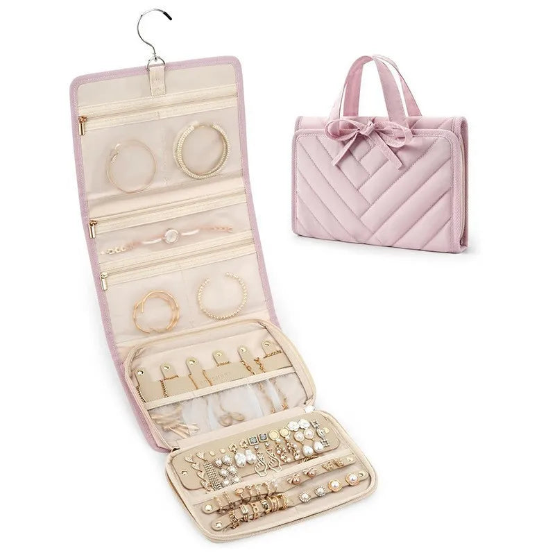 New Large Capacity Folding Portable Jewelry Bag with Fashion Hook Jewelry Storage Bag Makeup Bag Vue Pink
