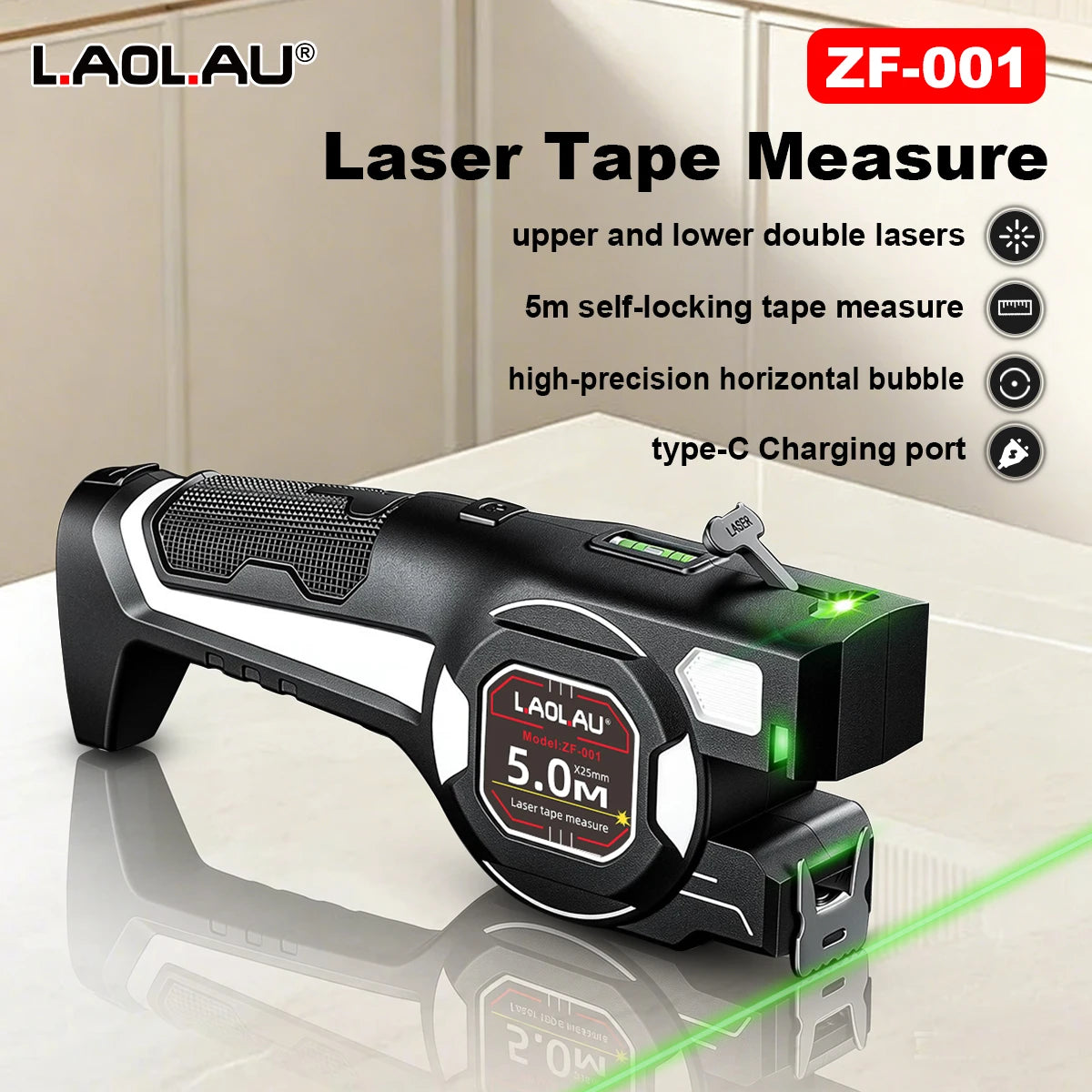 LAOLAU 2-in-1 Laser Tape Measure–5M/16FT Retractable Tape with Class II Laser, Rechargeable Battery,Type-C Charging,Auto-Lock Vue BATTLEAX-001