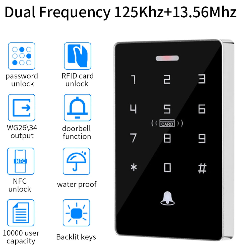 Touch Screen Backlight RFID Keypad Standalone Access Control 1000 User Wiegand Output 125KHz+13.56MHZ IP67 Waterproof Vue