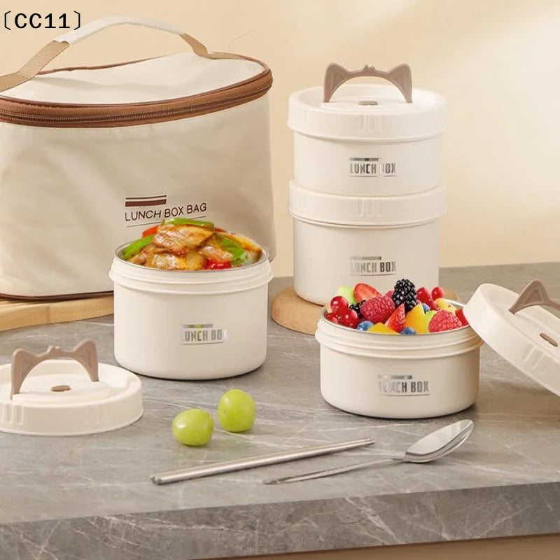 304 Stainless Steel Heat Preservation Lunch Box Round Food Container Large Capacity Cat Ear Handle〔CC11〕 Vue