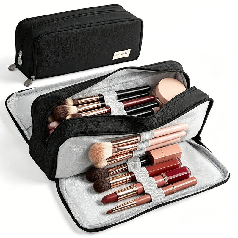 Double Sided Makeup Brush Holder Nylon Cosmetic Tools Pouch for Brushes Lipsticks Beauty Tools with Elastic Loops & Mesh Pockets Vue Black