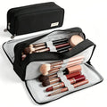 Double Sided Makeup Brush Holder Nylon Cosmetic Tools Pouch for Brushes Lipsticks Beauty Tools with Elastic Loops & Mesh Pockets Vue Black