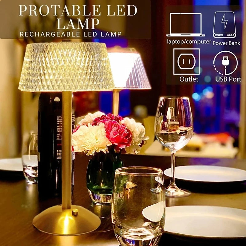 Retro Diamond Glass Table Lamp USB Rechargeable LED Bar Desk Lamp Eye Protection Night Light Bedroom Hotel Office Wedding Decor Vue