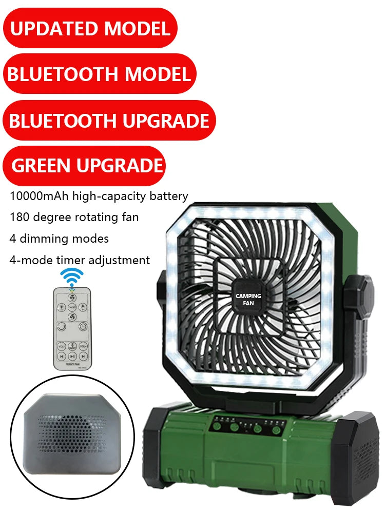 4-in-1 Multifunctional Fan with LED Light USB Outdoor Power Bank And Bluetooth Speaker—Ideal For Outdoor Camping And A Desk Fan Vue green Pro