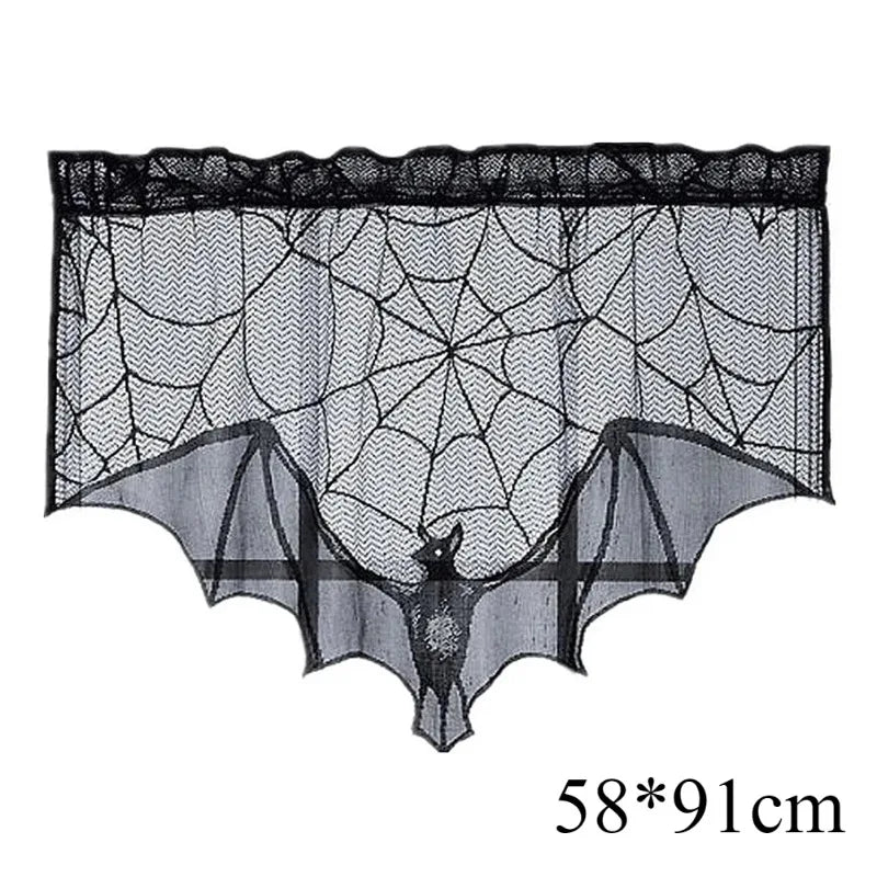 Spooky Black Lace Halloween Tablecloth Decorative Table Runner for Mantel Dining Table Ghost Party Home Indoor Decoration Prop Vue Curtains 3PCS