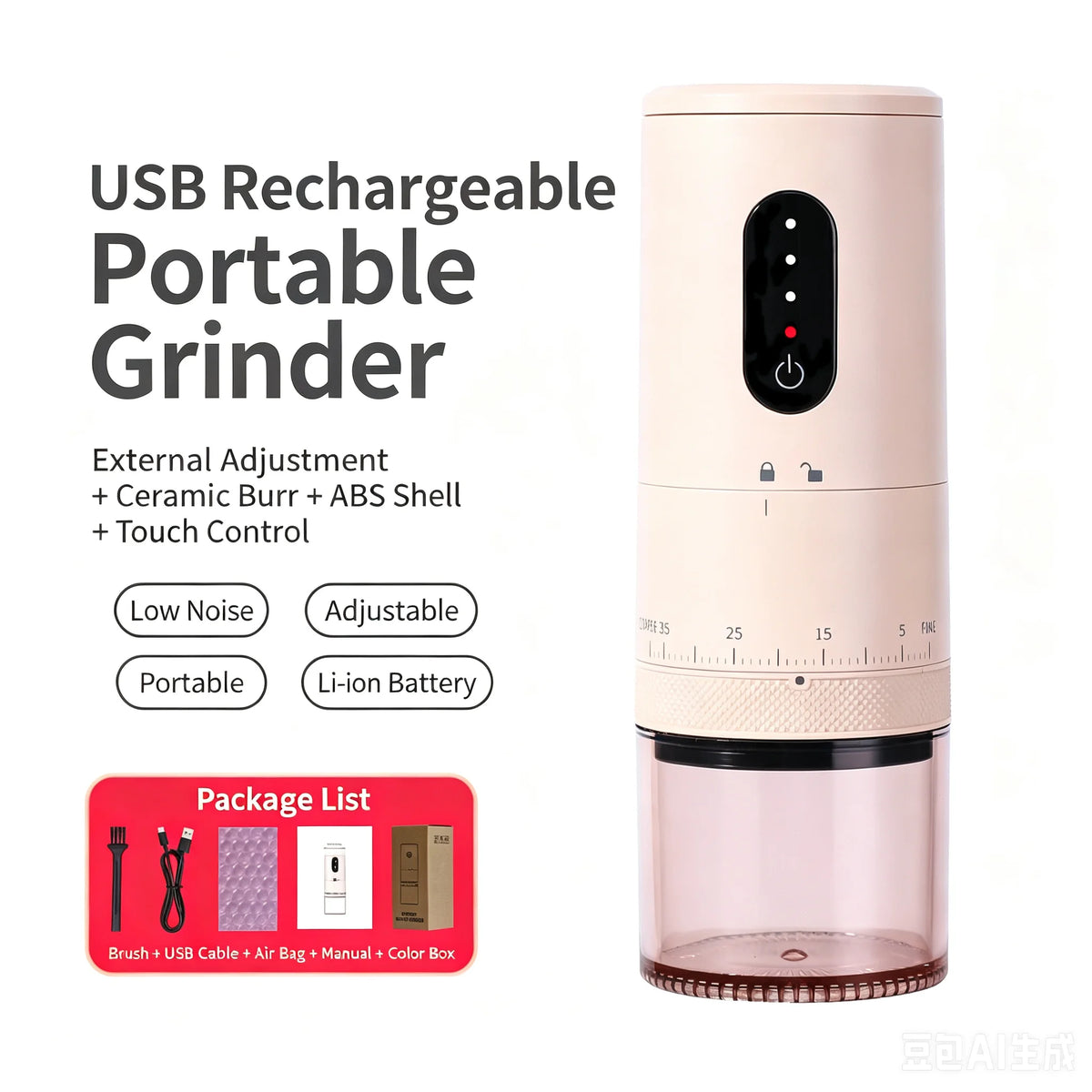 Portable Electric Coffee Grinder – 38 Settings, Ceramic Burr Electric Coffee Grinder Vue Milk tea color USB Type-C