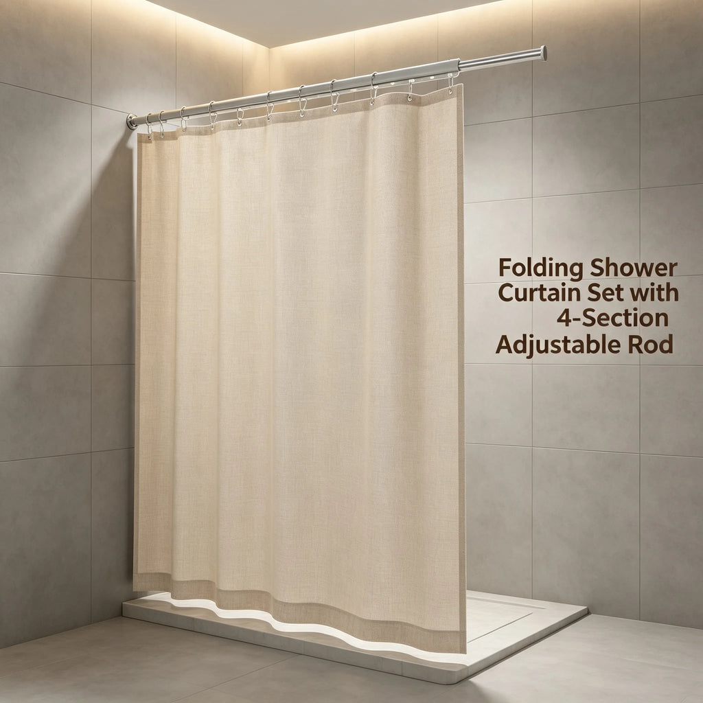 Folding Shower Curtain Set | 4-Section Rod, Drill-Free, Beige Shower Curtain Set Vue United States