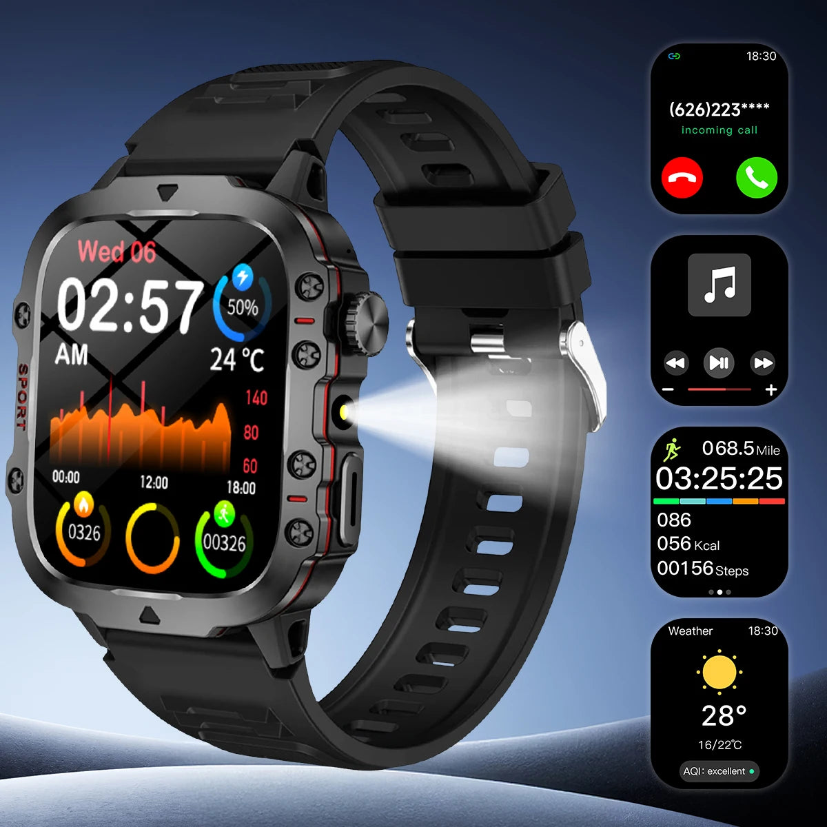 New Military Strong Sport Smartwatch Men Bluetooth Call Health Monitor Sports Watch Waterproof Fitness Tracker Gifts for Women Vue Black