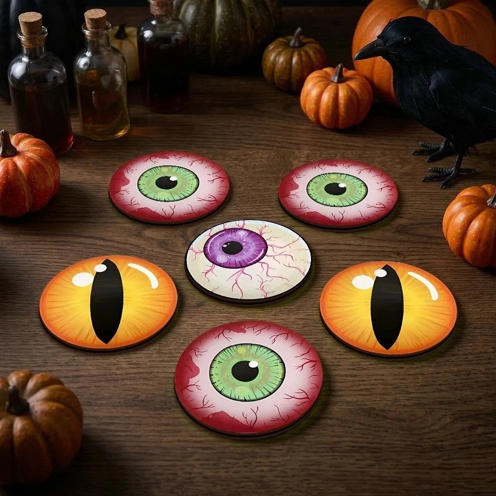 6pcs Non-slip Halloween Coasters Wooden Soft Bloodshot Eyeball Coaster Heat-Insulating Cat Eyes Cup Mat Dining Table Vue